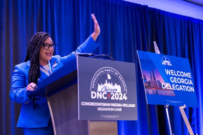 U.S. Rep. Nikema Williams, D-Atlanta, speaks to the Georgia delegation on the first day of the Democratic National Convention in Chicago.