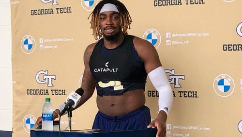 Georgia Tech wide receiver PeJé Harris speaks with media August 17, 2021 at Bobby Dodd Stadium after a preseason practice. (AJC photo by Ken Sugiura)