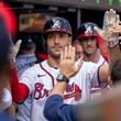 Atlanta Braves Matt Olson celebrates after scoring a run during the ninth inning of a baseball game against the Toronto Blue Jays, Sunday, Sept. 8, 2024, in Atlanta. (AP Photo/Erik Rank)