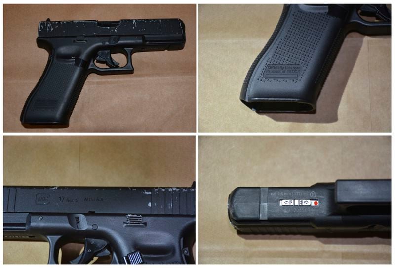 This combination of images released by the Utica Police Department shows a replica of a Glock 17 Gen 5 handgun recovered after an officer fatally shot a 13-year-old boy who had been tackled to the ground after he ran from police and pointed the replica gun at them on Friday, June 28, 2024, in Utica, N.Y. (Utica, N.Y., Police Department via AP)