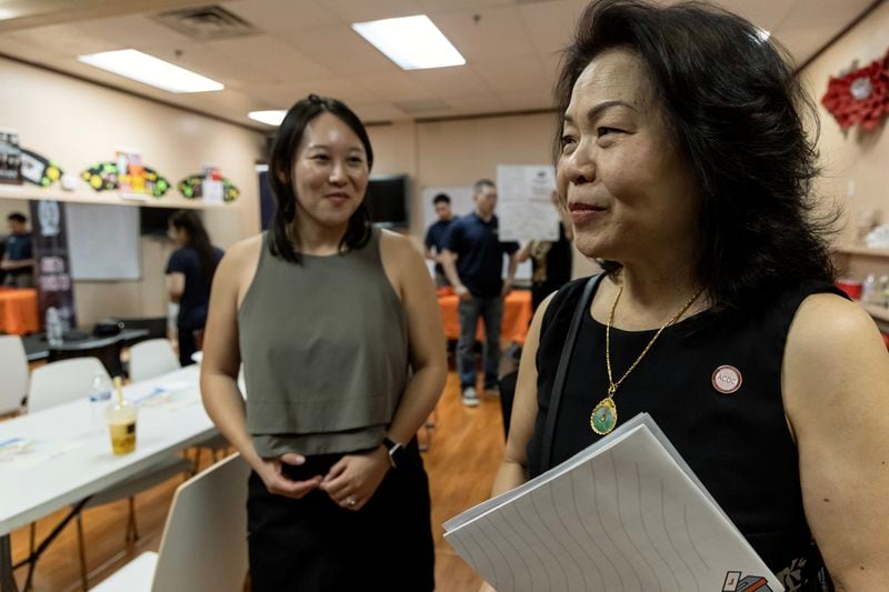 Vida Lin (right), founder of the Asian Community Development Council, talks with Chloe Kwan, the group’s director of strategic initiatives, during the annual Dragon Boat Festival in Las Vegas on Wednesday, June 5, 2024. (Photo by Christopher Lomahquahu/News21)