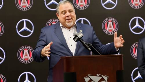  Garth Lagerwey answered questions from the press member during a press conference after being introduced as the new Atlanta United President & CEO  on Tuesday, November 29, 2022.  Miguel Martinez / miguel.martinezjimenez@ajc.com
 