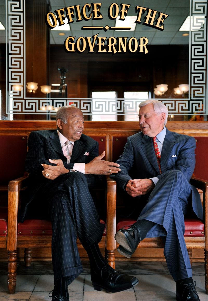 080427.  ATLANTA.  Former Georgia Governor Carl Sanders cq (right), 82, and former state Senator Leroy Johnson cq, 79, chats about the old days at the state Capitol.  The two are participating in a oral history project where they discuss their part in desegregating the state Capitol in 1963.  For Jim Galloway Political Insider column.   Rich Addicks / AJC
