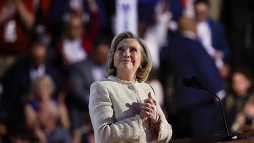 Hillary Clinton opened the Democratic National Convention on Monday with an emotional pitch to Americans to “keep going” and seize history by electing Harris. (Courtesy of Joe Raedle/Getty Images)