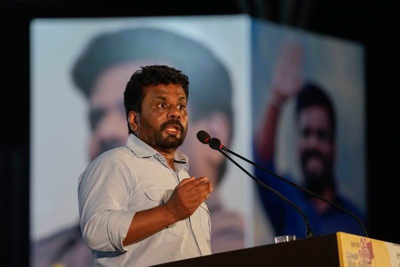 FILE -Leader and the presidential candidate of National People's Power Anura Kumara Dissanayake speaks to supporters during the final public rally ahead of the election in Colombo, Sri Lanka, Sept. 18, 2024. (AP Photo/Eranga Jayawardena, File)