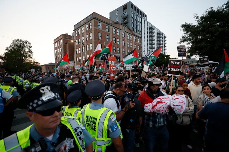 A heavy police presence was visible at a demonstration outside of the Democratic National Convention in Chicago.