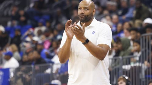 Georgia State Panthers coach Jonas Hayes reacts on the sideline during their game against the Georgia Southern Eagles in a NCAA men’s basketball game at the Georgia State Convocation Center, Thursday, February 2, 2023, in Atlanta. Georgia State won 64-60. Jason Getz / Jason.Getz@ajc.com)