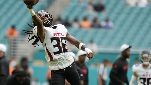 Atlanta Falcons cornerback Kevin King (32) warms up before a pre season NFL football game against the Miami Dolphins, Friday, Aug. 9, 2024, in Miami Gardens, Fla. (AP Photo/Lynne Sladky)