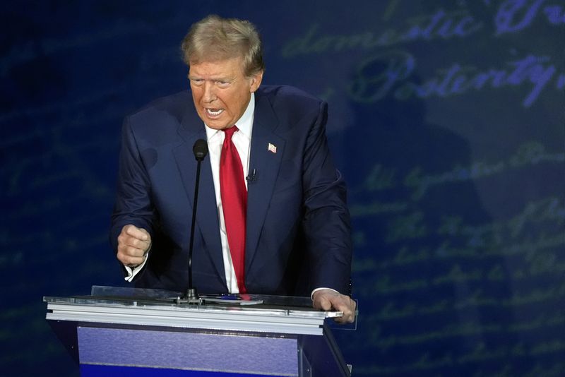 Republican presidential nominee former President Donald Trump speaks during a presidential debate with Democratic presidential nominee Vice President Kamala Harris at the National Constitution Center, Tuesday, Sept.10, 2024, in Philadelphia. (AP Photo/Alex Brandon)