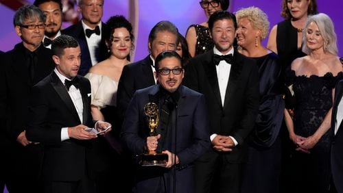 Justin Marks, center, and Hiroyuki Sanada, center right, and the team from "Shogun" accepts the award for outstanding drama series during the 76th Primetime Emmy Awards on Sunday, Sept. 15, 2024, at the Peacock Theater in Los Angeles. (AP Photo/Chris Pizzello)