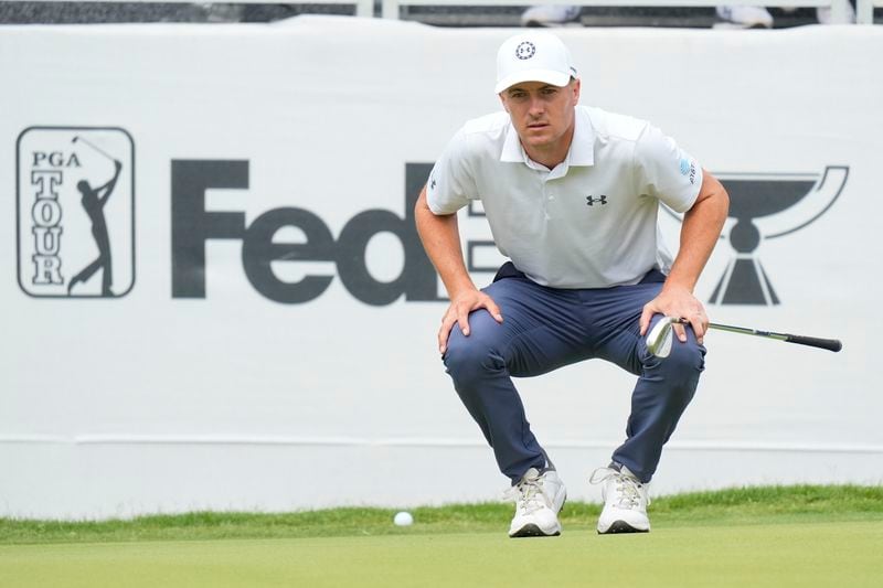 Jordan Spieth lines up a chip shot on the 17th green during the second round of the Charles Schwab Challenge golf tournament at Colonial Country Club, Friday, May 24, 2024, in Fort Worth, Texas. (AP Photo/LM Otero)