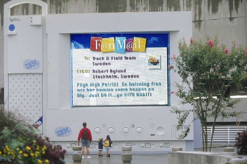 Among IBM's innovations during the 1996 Summer Games was the "FanMail" messaging system, which allowed people to send congratulatory messages to the athletes — and, if they were lucky, receive a response. This large FanMail display was displayed outside the Georgia Dome. (Business Wire / 1996 file)