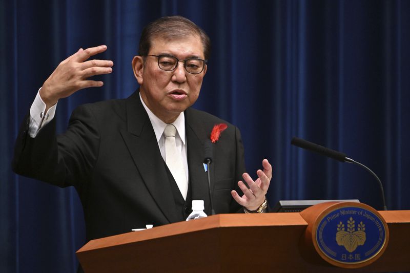 Japan's newly elected Prime Minister Shigeru Ishiba speaks during a press conference at the prime minister's office in Tokyo Tuesday, Oct. 1, 2024. (Yuichi Yamazaki/Pool Photo via AP)