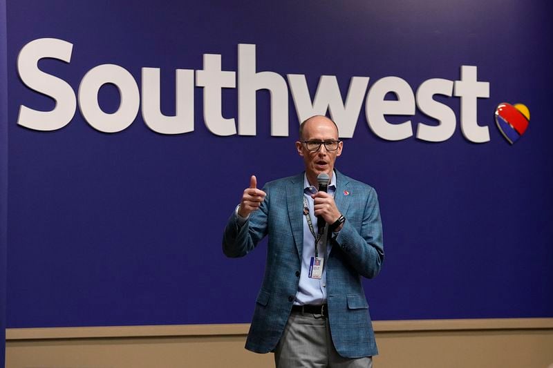 Southwest Airlines Andrew Watterson responds to questions during a news conference at the company's headquarters in Dallas, Thursday, Sept. 26, 2024. (AP Photo/Tony Gutierrez)