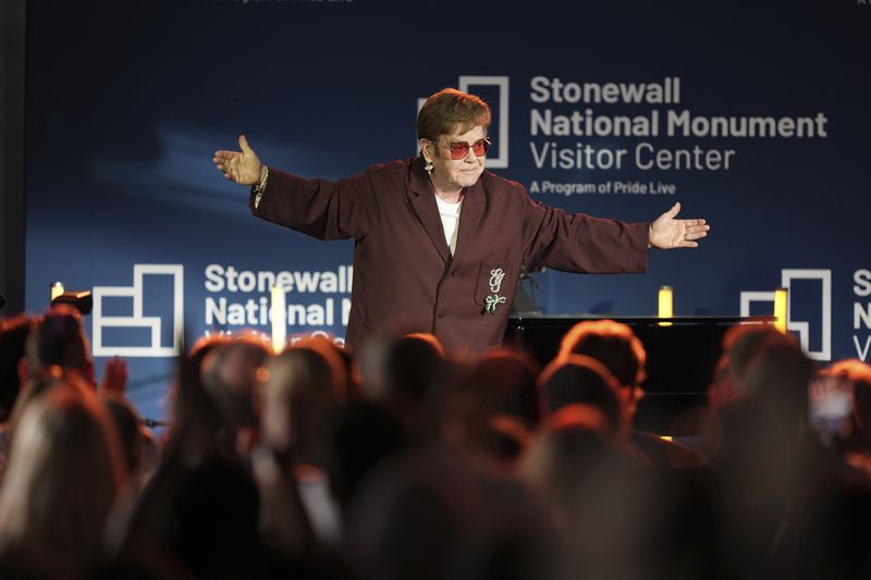 Elton John performs during the grand opening ceremony for the Stonewall National Monument Visitor Center, Friday, June 28, 2024, in New York. (AP Photo/Julia Nikhinson)