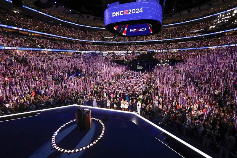 Democratic vice presidential nominee Minnesota Gov. Tim Walz speaks on the third day of the Democratic National Convention in Chicago, Wednesday, Aug. 21, 2024. (Mike Segar/Pool via AP)