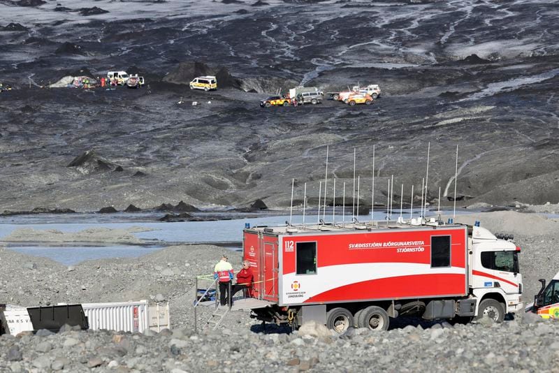 Rescue teams at the scene after an ice cave partially collapsed, at the Breidamerkurjokull glacier, in southeastern Iceland, Monday, Aug, 26, 2024. (STOD2/ Vilhelm Gunnarsson via AP)