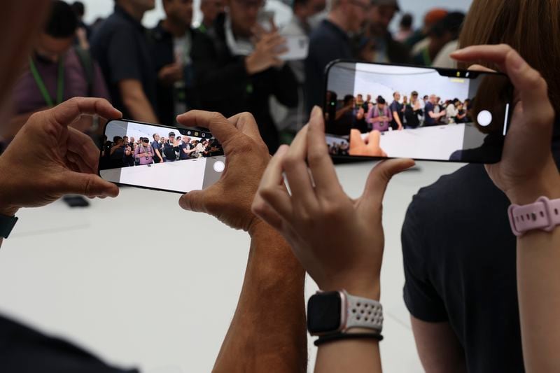 The new iPhone 16 is displayed at Apple headquarters Monday, Sept. 9, 2024, in Cupertino, Calif. (AP Photo/Juliana Yamada)