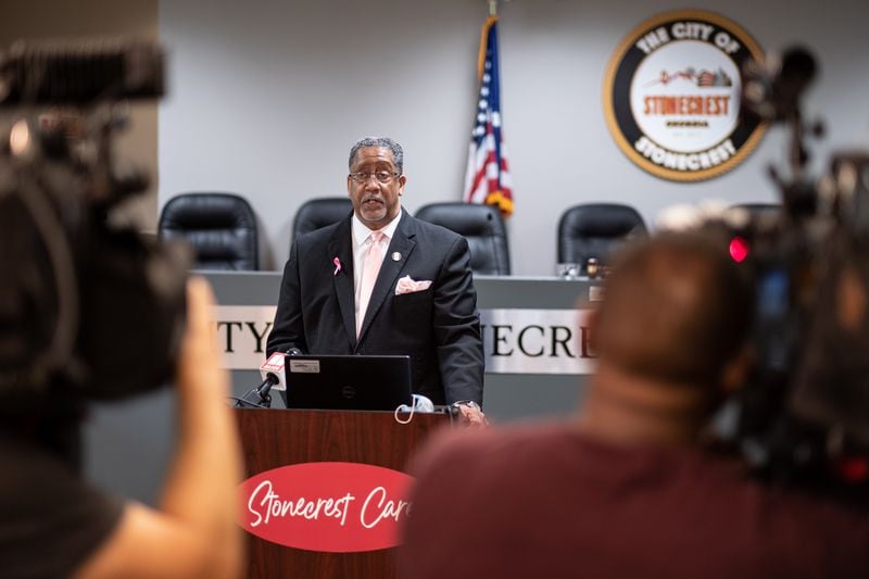 210415-Stonecrest-Stonecrest Mayor Jason Lary holds a press conference at city hall on Thursday, April 15, 2021. Ben Gray for the Atlanta Journal-Constitution