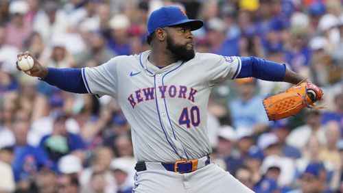 New York Mets starting pitcher Luis Severino throws against the Chicago Cubs during the first inning of a baseball game in Chicago, Sunday, June 23, 2024. (AP Photo/Nam Y. Huh)
