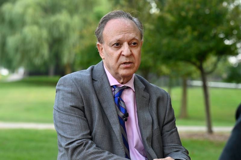 Bishara Bahbah, national chairman for Arab Americans for Trump, answers questions during an interview, Wednesday, Aug. 14, 2024, in Dearborn, Mich. (AP Photo/Jose Juarez)