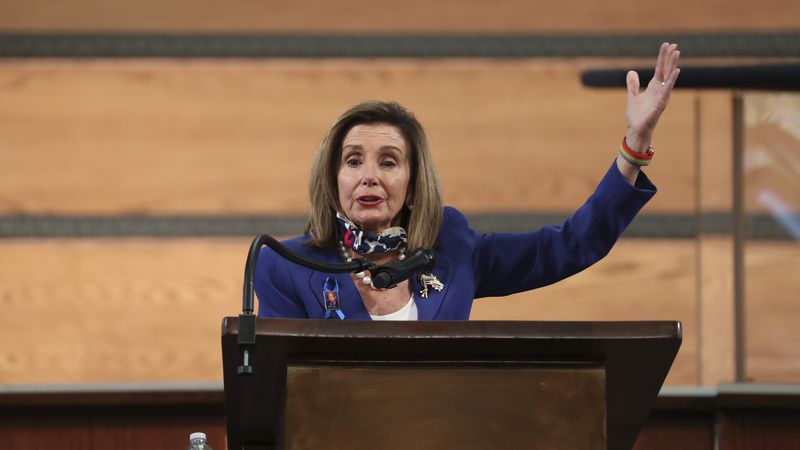 7/30/20 - Atlanta, GA -  U.S. House Speaker Nancy Pelosi addresses the service.  On the sixth day of the “Celebration of Life” for Rep. John Lewis, his funeral is  held at Ebenezer Baptist Church in Atlanta, with burial to follow.   Alyssa Pointer / alyssa.pointer@ajc.com