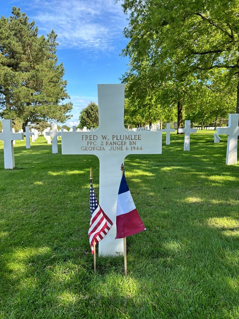 Pfc. Fred Plumlee's gravestone at Normandy American Cemetery in France. (Courtesy)