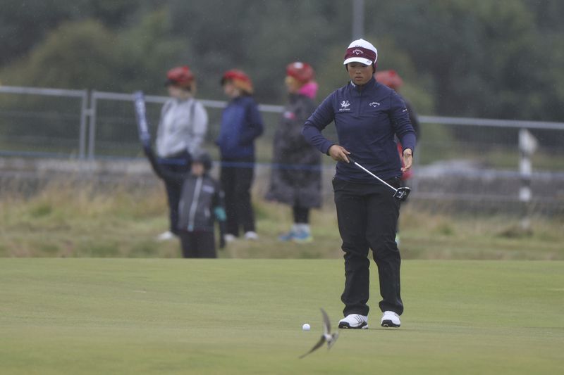 Ruoning Yin, of China, look at her putt as a bird flies over the green on the 2nd hole during the final round of the Women's British Open golf championship, in St. Andrews, Scotland, Sunday, Aug. 25, 2024. (AP Photo/Scott Heppell)