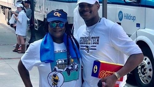 Georgia Tech safety Tariq Carpenter with his mother Demetria Fiffie outside Bobby Dodd Stadium. (Courtesy Demetria Fiffie)