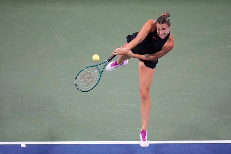 Aryna Sabalenka, of Belarus, serves to Priscilla Hon, of Australia, during a first round match of the U.S. Open tennis championships, Monday, Aug. 26, 2024, in New York. (AP Photo/Frank Franklin II)