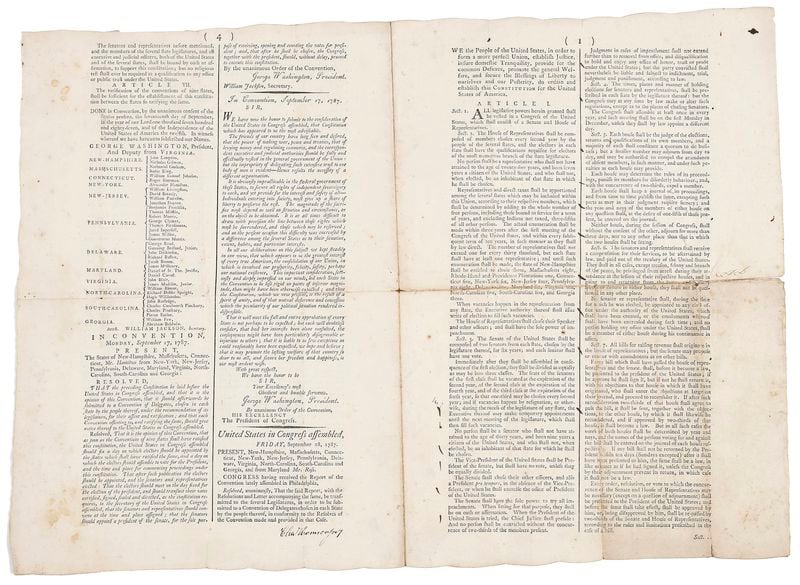 A 1787 copy of the U.S. Constitution that will be put up for auction on Sept. 28 at Bruck Auctions in Asheville, N.C., is seen in this photo. (Brunk Auctions via AP)