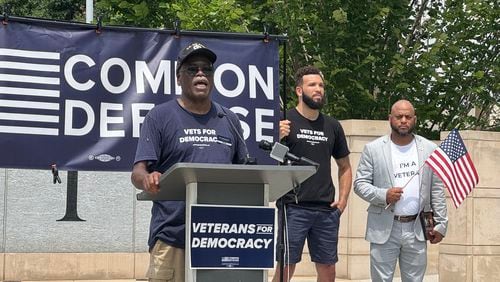 Common Defense's Ed Anderson speaks out against Georgia voter ID laws at Liberty Park on Thursday, July 27, 2024. (Caleb Groves/AJC)