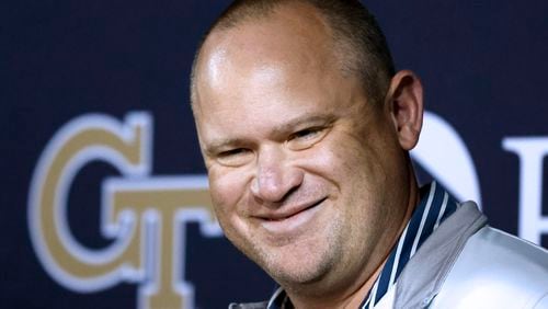 Georgia Tech coach Brent Key smiles as he answers questions from press members during Georgia Tech's Pro Day in the Mary and John Brock Football Practice Facility on Thursday, March 16, 2023.
Miguel Martinez /miguel.martinezjimenez@ajc.com