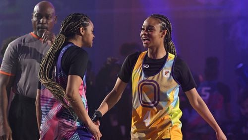 Mia Pauldo and Mya Pauldo celebrate during the Takeover on Friday, May 5, 2023 at OTE Arena in Atlanta, Georgia. (Photo by Logan Riely/Overtime Elite)