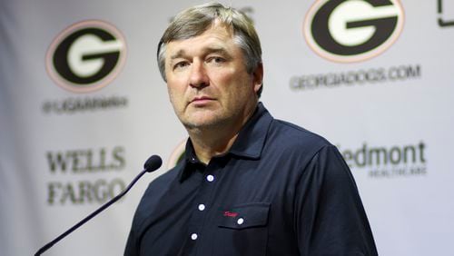 Georgia football head coach Kirby Smart speaks to members of the media at the Butts-Mehre Heritage Hall, Tuesday, August 13, 2024, in Athens, Ga. (Jason Getz / AJC)
