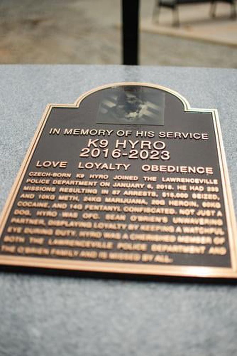 The plaque at Lawrenceville's new dog park, Hyro Park, memorializes Police K-9 Hyro, who died from an illness last year. (Courtesy of City of Lawrenceville)