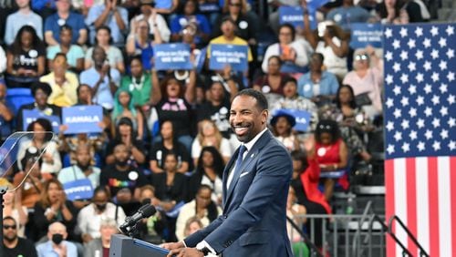 Atlanta mayor Andre Dickens speaks at a rally for Vice President Kamala Harris at the Georgia State University’s convocation center in Atlanta on Tuesday, July 30, 2024.  It is her first campaign event in Georgia since she became the presumptive Democratic nominee. (Hyosub Shin / Hyosub.Shin / ajc.com)