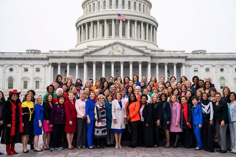 Democratic Speaker of the House Nancy Pelosi (C) poses with Democratic women of the 116th Congress on the East Front of the U.S. Capitol in Washington, D.C. Jan. 4, 2019.