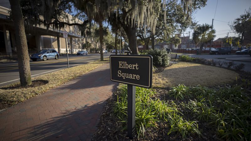 SAVANNAH, GA - FEBRUARY 26, 2024: 
Established in 1801 and named after Revolutionary soldier Samuel Elbert, Elbert Square is a sliver of greenery located across the street from the Savannah Civic Center, Monday, Feb. 26, 2024, Savannah, Ga. Savannah City Council is poised to decide the future of the arena and performance hall complex known as the Savannah Civic Center. (AJC Photo/Stephen B. Morton)