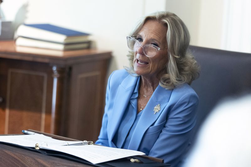 First lady Jill Biden, speaks during a cabinet meeting presided over by President Joe Biden, in the Cabinet Room of the White House, Friday, Sept. 20, 2024. (AP Photo/Manuel Balce Ceneta)