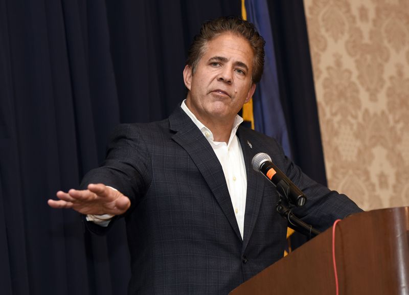 FILE - Rep. Mike Bishop, R-Mich. makes a concession speech to his supporters at his campaign watch party in Rochester, Mich., Nov. 7, 2018. (AP Photo/Jose Juarez, File)