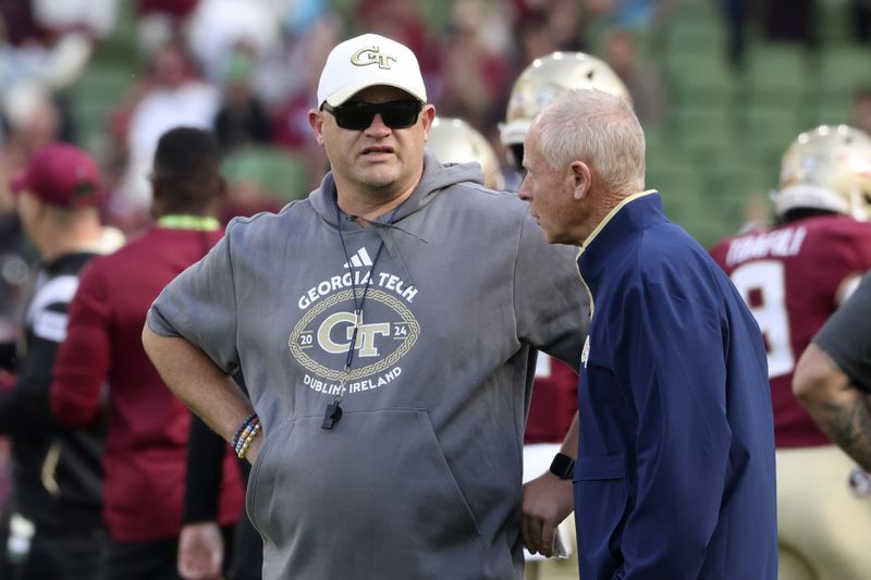 Georgia's head coach Brent Key during the NCAA college football game between Georgia Tech and Florida State at the Aviva stadium Dublin, Saturday, Aug. 24, 2024. (AP Photo/Peter Morrison)