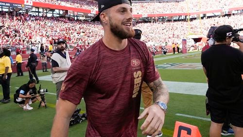 FILE - San Francisco 49ers wide receiver Ricky Pearsall walks on the field during an NFL football game between the San Francisco 49ers and the New York Jets in Santa Clara, Calif., Monday, Sept. 9, 2024. (AP Photo/Godofredo A. Vásquez, File)