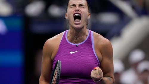 Aryna Sabalenka, of Belarus, reacts against Jessica Pegula, of the United States, during the women's singles final of the U.S. Open tennis championships, Saturday, Sept. 7, 2024, in New York. (AP Photo/Frank Franklin II)