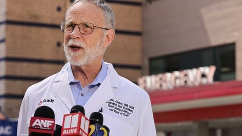 Grady Hospital Chief Medical Officer Robert Jansen makes a statement about the status of the victims of Wednesday’s Midtown shooting on Thursday, May 4, 2023.  (Natrice Miller/natrice.miller@ajc.com)