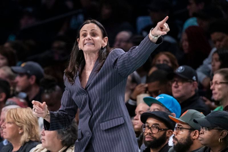 New York Liberty head coach Sandy Brondello reacts during the first half of a WNBA basketball second-round playoff game against the Las Vegas Aces, Sunday, Sept. 29, 2024, in New York. (AP Photo/Corey Sipkin)