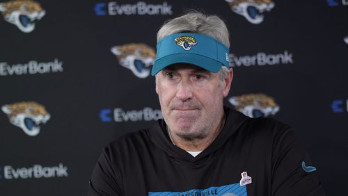 Jacksonville Jaguars head coach Doug Pederson speaks during a news conference after an NFL football game against the Houston Texans, Sunday, Sept. 29, 2024, in Houston. The Texans won 24-20. (AP Photo/Eric Gay)