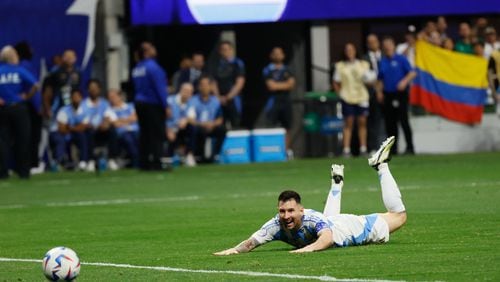 Lionel Messi (10), the Argentina forward, reacts as he sees the ball go out of bounds during the second half of the Copa America match at Mercedes-Benz Stadium on Thursday, June 20, 2024. (Miguel Martinez / AJC)