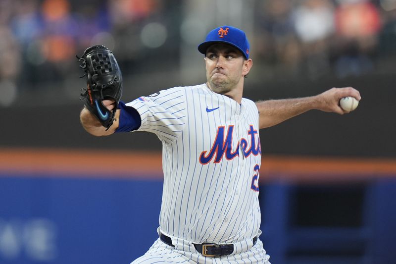 New York Mets pitcher David Peterson throws during the first inning of a baseball game against the Baltimore Orioles at Citi Field, Monday, Aug. 19, 2024, in New York. (AP Photo/Seth Wenig)