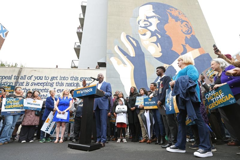 Democratic U.S Sen. Raphael Warnock stressed competence and character during his first rally going into the Dec. 6 runoff. “This race is about whether or not the person representing you has what it takes to take on these challenges for you and your family,” Warnock said. (Jason Getz / Jason.Getz@ajc.com)